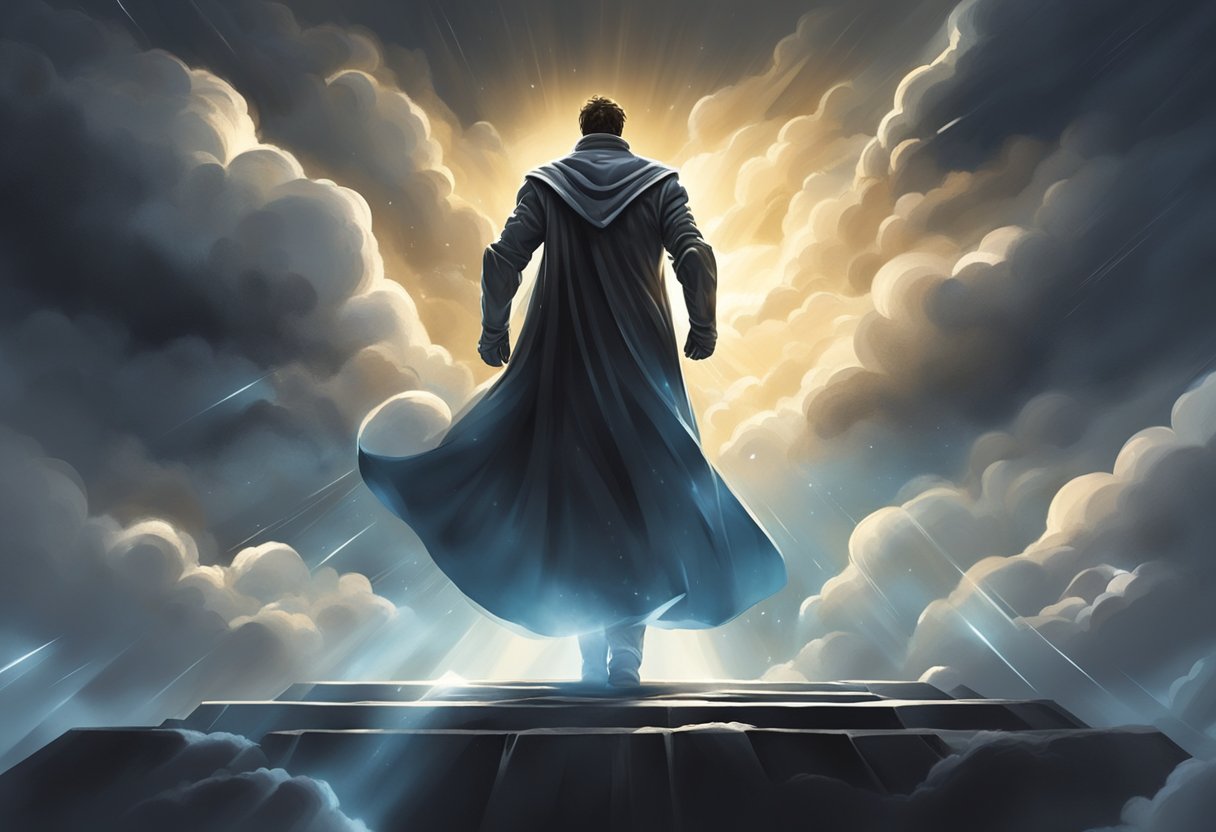A figure surrounded by dark clouds, pushing through obstacles with determination, while bright light shines ahead, symbolizing victory over setback