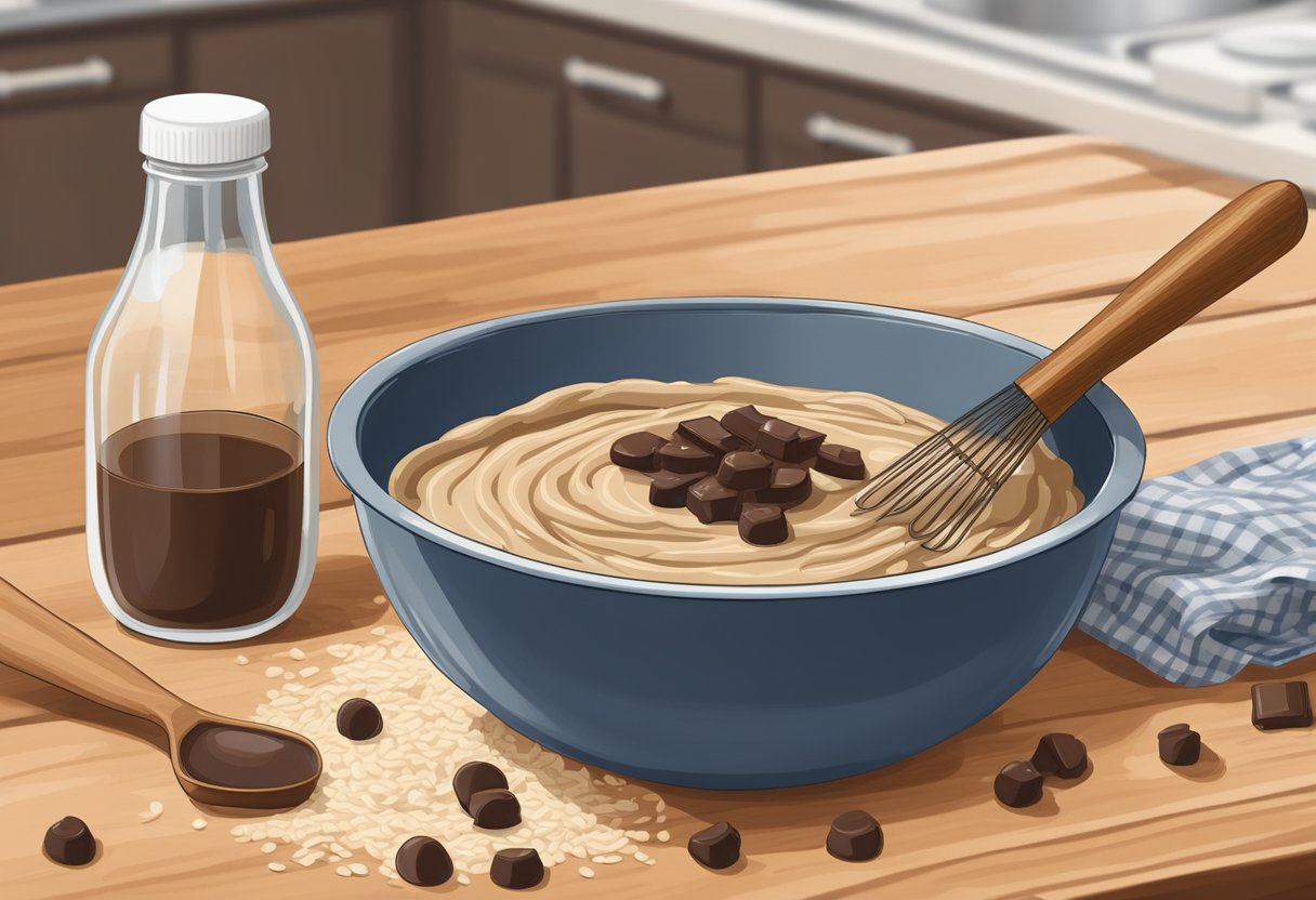 A mixing bowl filled with dark chocolate oatmeal pancake batter, a whisk, and a spatula on a wooden kitchen counter. Ingredients like oatmeal, dark chocolate chips, and a bottle of maple syrup nearby