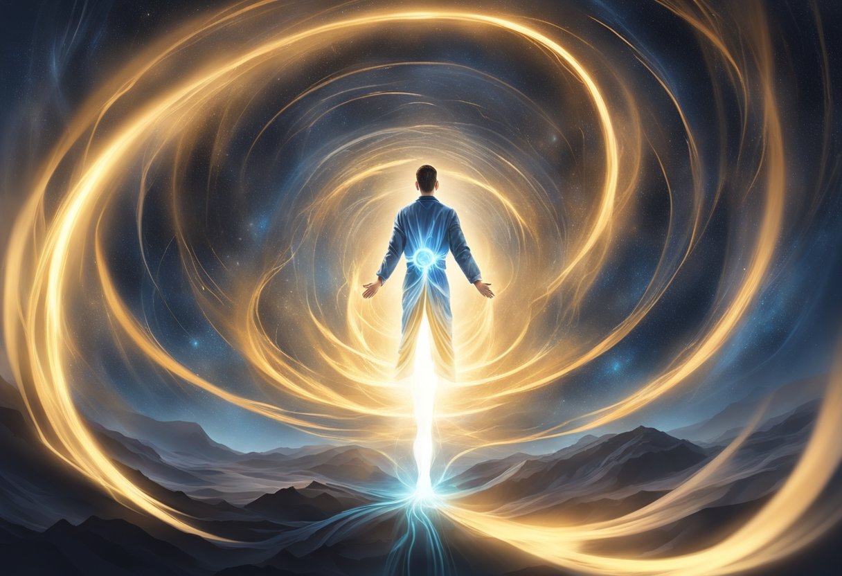A figure standing in a powerful stance, surrounded by swirling energy, casting out darkness with beams of light, and surrounded by 30 glowing prayer points