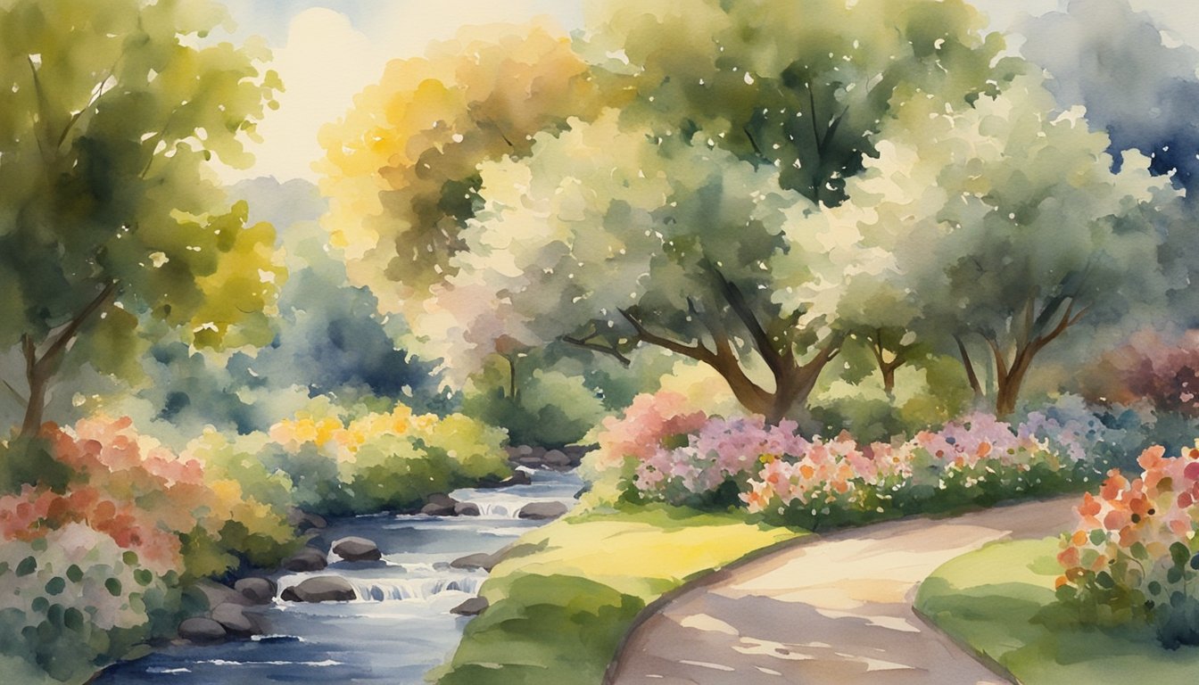 A lush garden with blooming flowers, overflowing fruit trees, and a flowing stream.</p><p>The sun shines brightly, casting a warm glow over the scene