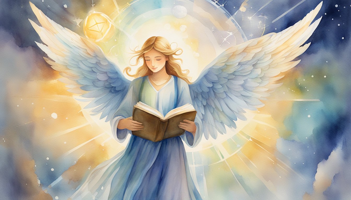 A radiant angelic figure holds a book with "1251" on the cover, surrounded by beams of light and symbols of knowledge and guidance