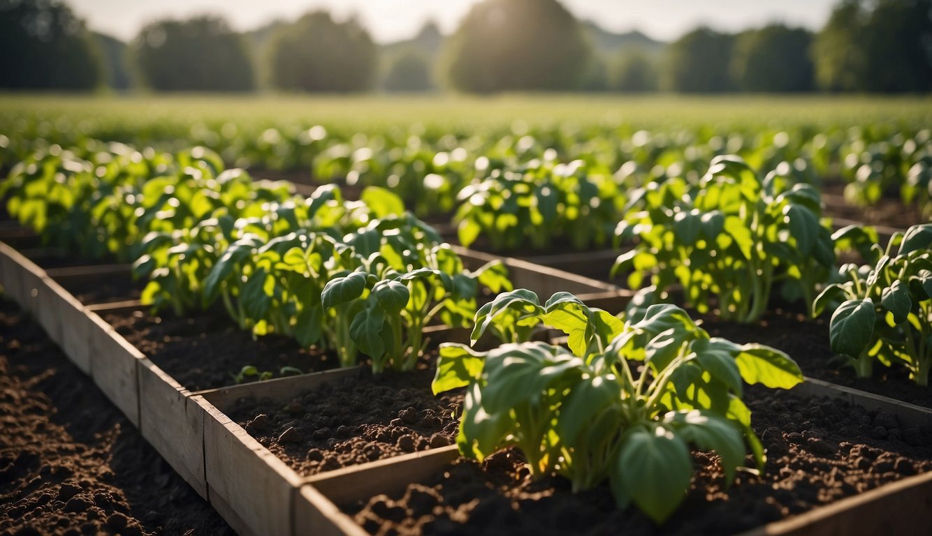 A variety of essential prepper crops are growing in neat rows, including tomatoes, corn, beans, and squash. The garden is well-tended with healthy plants and fertile soil