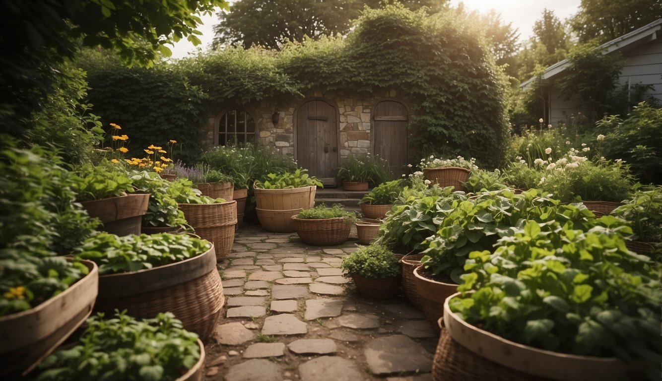 Lush garden with overflowing baskets, full root cellar