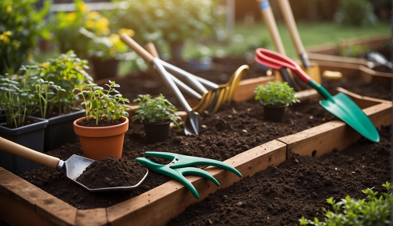A garden bed with raised edges, filled with rich soil. A variety of gardening tools neatly organized nearby, including shovels, hoes, and watering cans