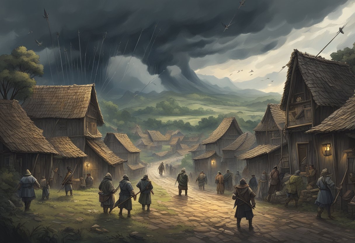 A dark cloud looms over a village, with arrows of death raining down from the sky. The villagers huddle together in fear as the deadly arrows strike the ground around them
