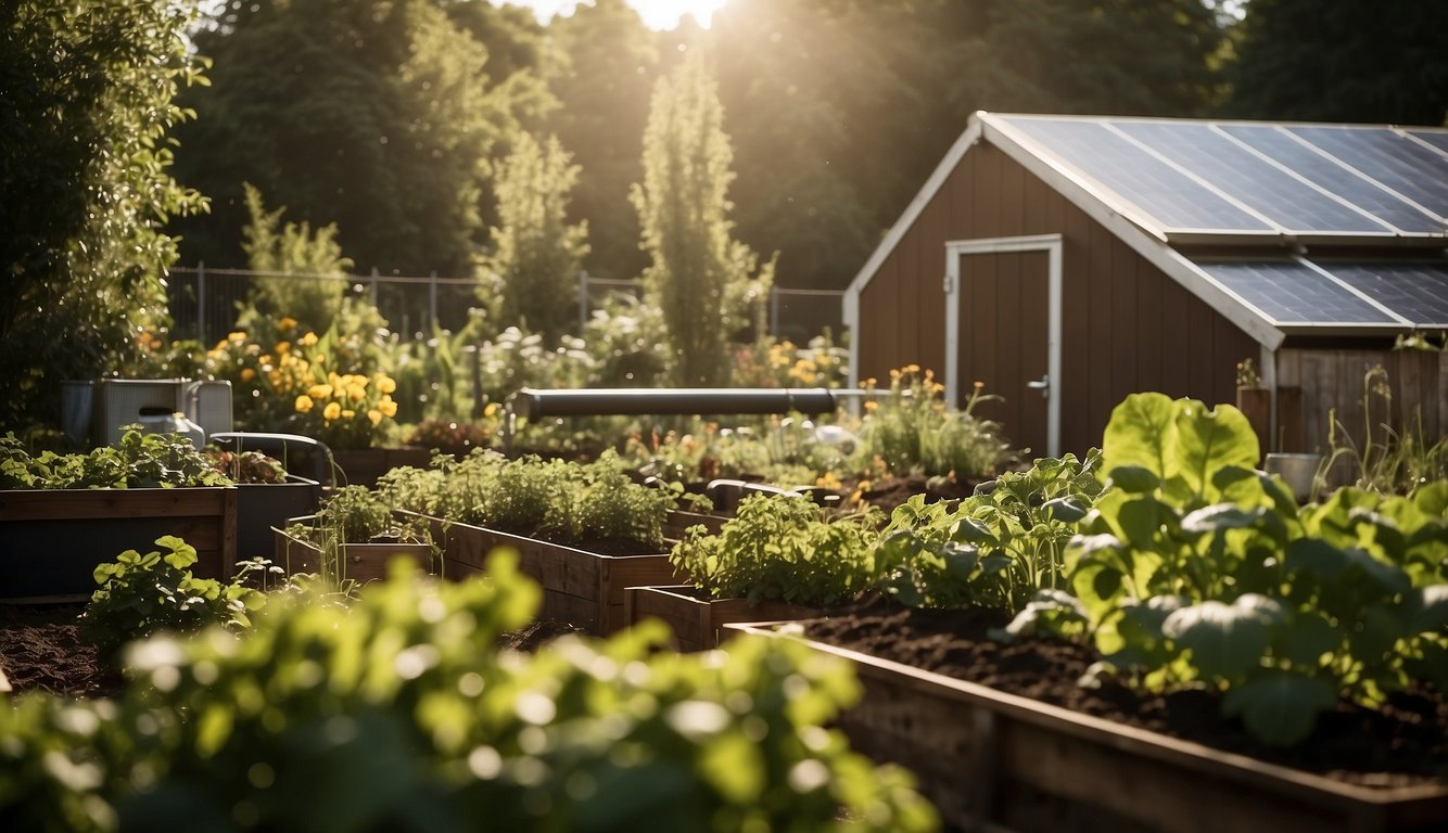 Lush garden with diverse crops, raised beds, and compost bins. Rainwater collection system and solar panels for sustainable energy. Security measures include fences and motion-activated lights