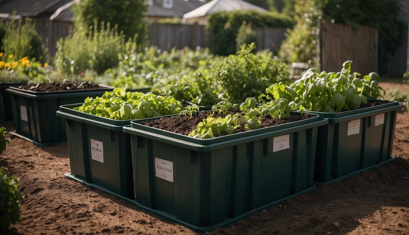 A flourishing garden with labeled rows of vegetables, herbs, and fruit trees. A compost bin and rainwater collection system are visible