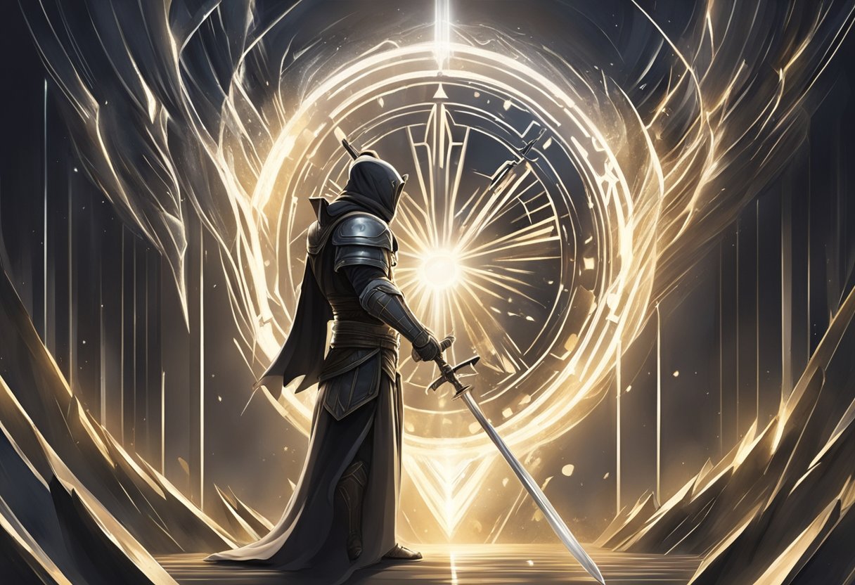 A figure kneels, surrounded by swirling dark arrows. Rays of light pierce through, illuminating a shield and sword