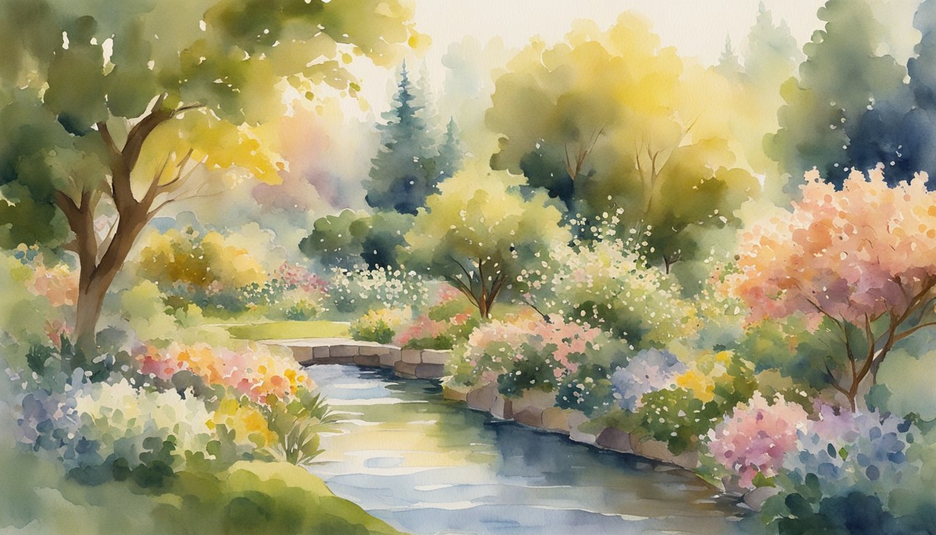 A lush garden with blooming flowers, overflowing fruit trees, and a flowing stream, all bathed in golden sunlight