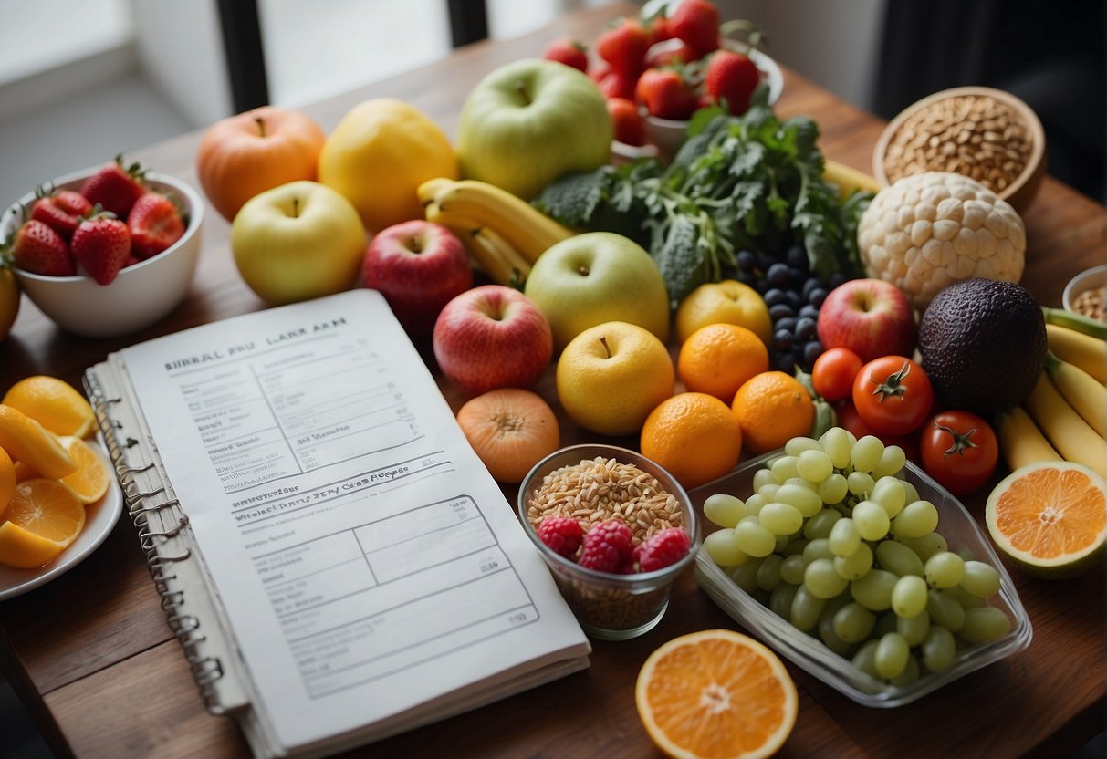 A colorful array of fresh fruits, vegetables, whole grains, and lean proteins arranged on a table, with a meal plan book open nearby