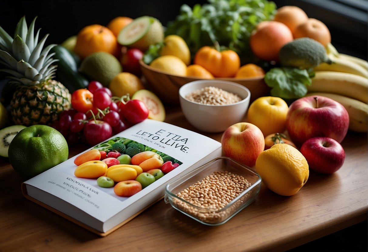 A colorful array of fresh fruits, vegetables, whole grains, and legumes arranged on a table, with a copy of the "Eat to Live 6-Week Plan" book open nearby