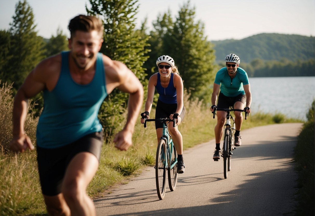 People engaging in various physical activities, such as running, cycling, and swimming, while following the Eat To Live 6-Week Plan