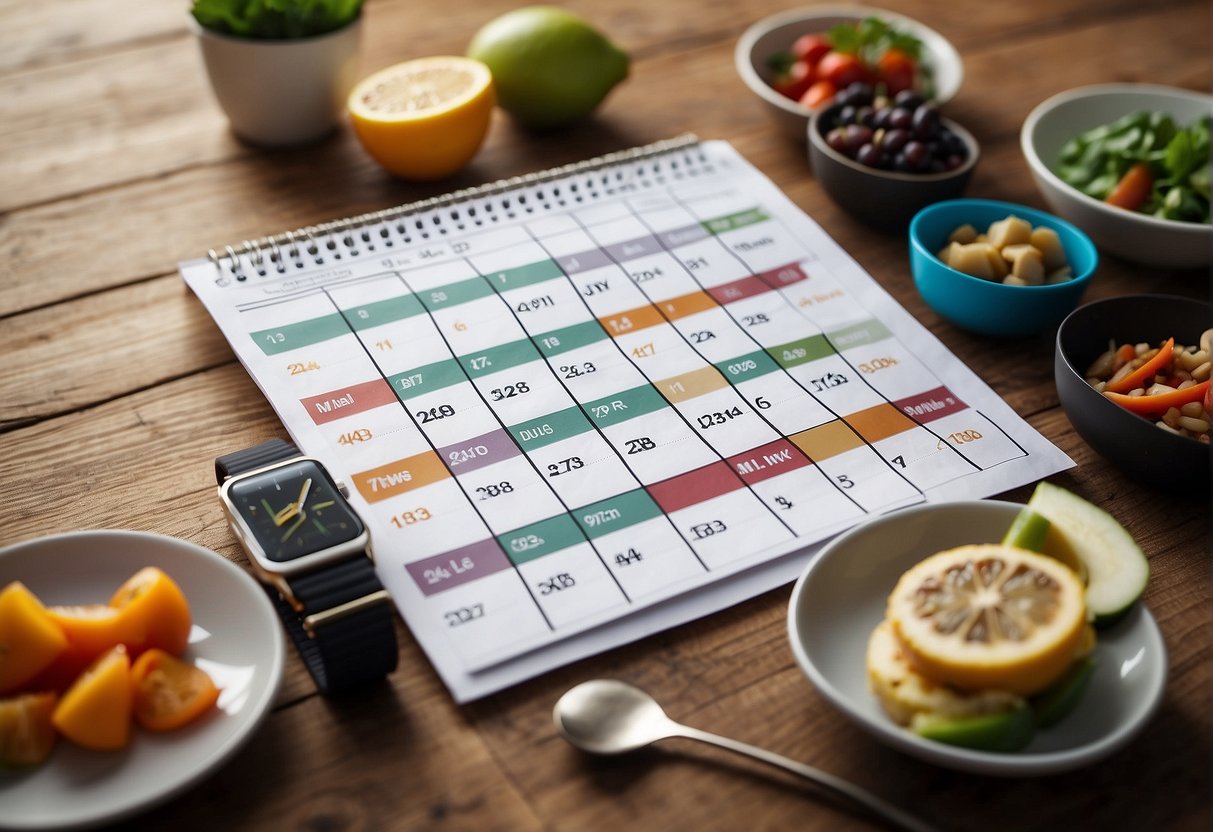 A calendar with crossed out days, healthy meal prep containers, and a fitness tracker showing progress