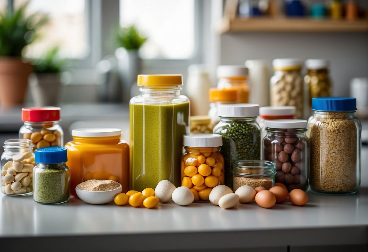 A colorful array of supplements arranged on a clean, modern kitchen counter, with a variety of vitamins, minerals, and other nutritional aids neatly organized and ready for use