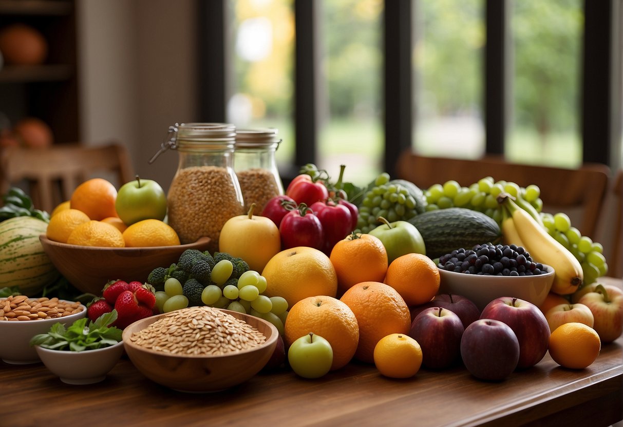 A table with a variety of colorful fruits, vegetables, and whole grains arranged in an appealing display. A copy of the "Frequently Asked Questions Eat To Live 6-Week Plan" is placed next to the healthy foods
