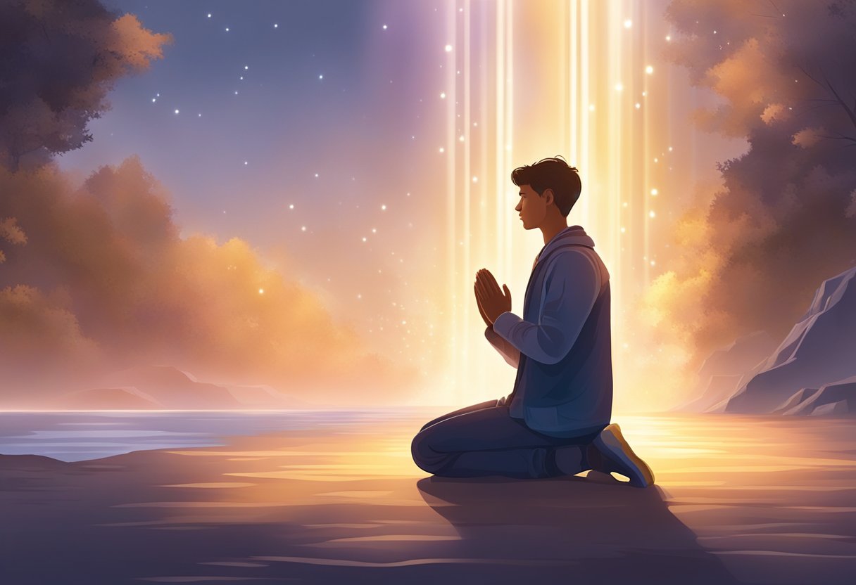 A person kneeling in prayer, hands raised, surrounded by glowing light and surrounded by a sense of peace and serenity
