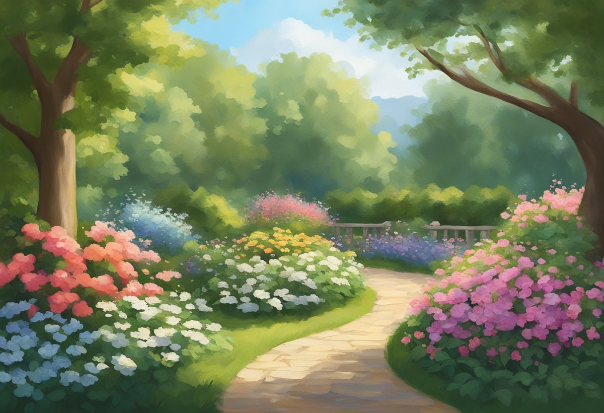 A serene, sunlit garden with colorful flowers and lush greenery, a gentle breeze rustling the leaves. A sense of peace and tranquility permeates the scene, evoking a feeling of spiritual connection and empowerment