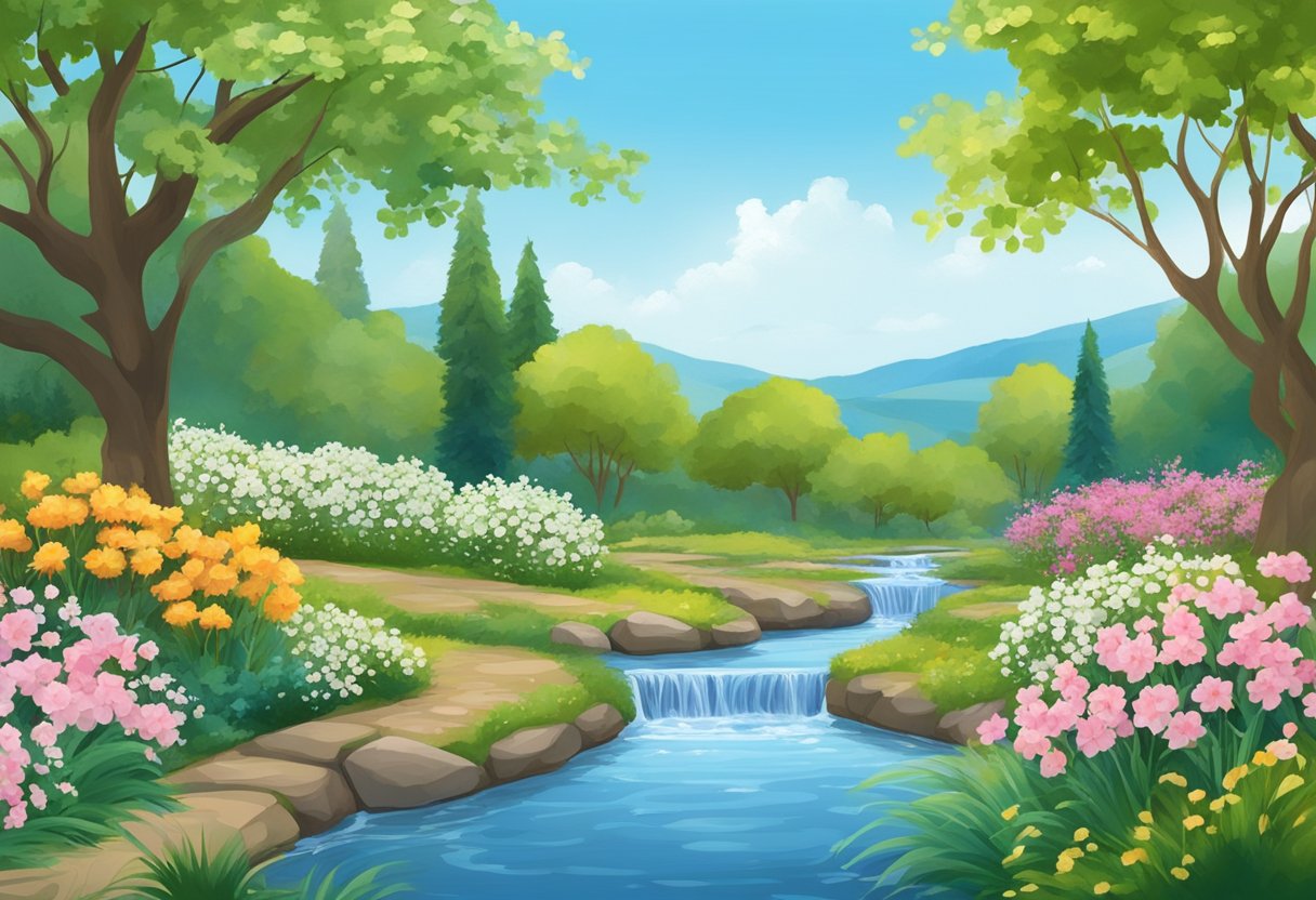A serene garden with a flowing stream, surrounded by blooming flowers and lush greenery, under a clear blue sky