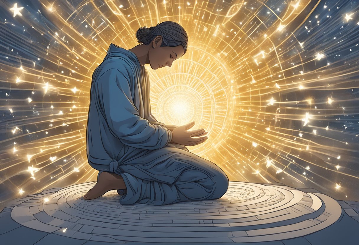A figure kneels in prayer, surrounded by glowing light and surrounded by swirling words of intercession and petition