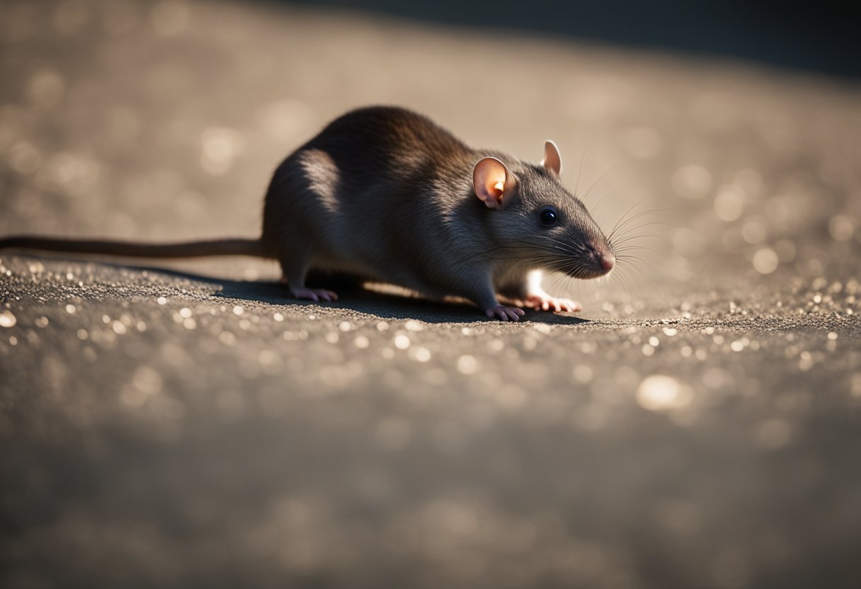 A single rat is spotted in a dimly lit corner, its sleek fur glistening in the faint light