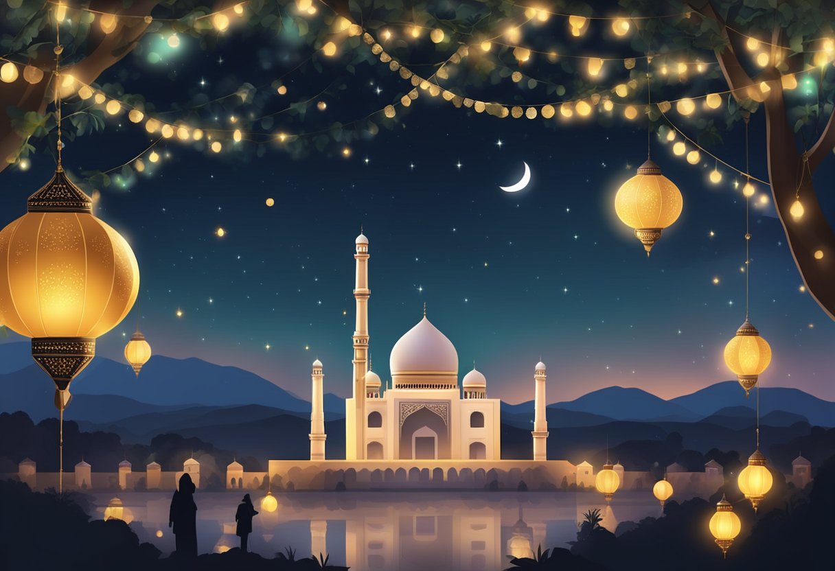 A moonlit night in Burewala, with stars twinkling in the sky. The date of Shab-e-Barat 2024 is marked on a calendar, surrounded by glowing lanterns