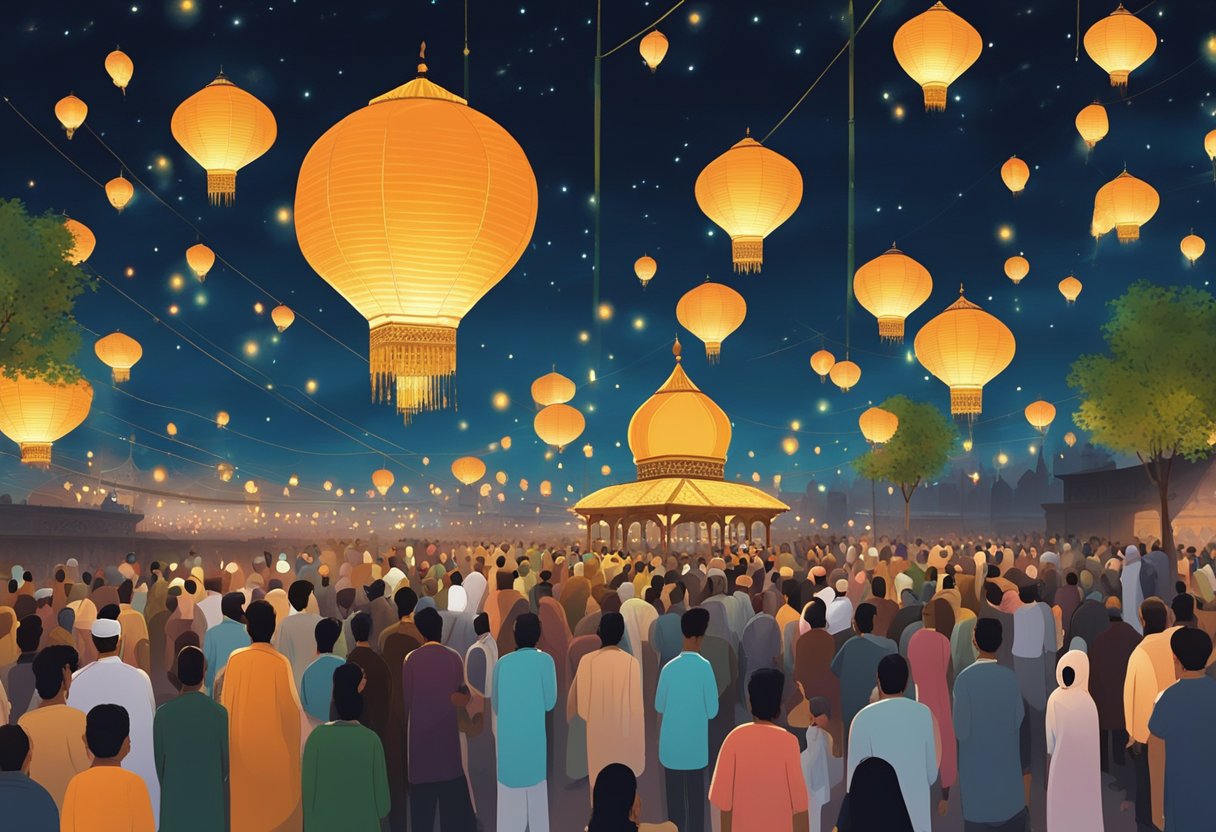 The night sky over Burewala glows with the light of countless lanterns and candles, as people gather to celebrate Shab-e-Barat in 2024. The air is filled with the sound of prayers and recitations, creating a