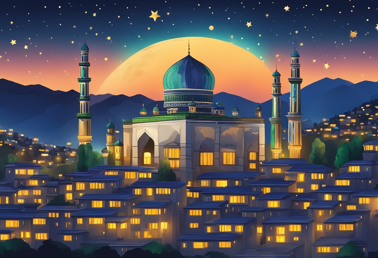 Shab-e-Barat 2024 in Muzaffarabad: Night sky with moon and stars, city lights below, mosque minarets visible