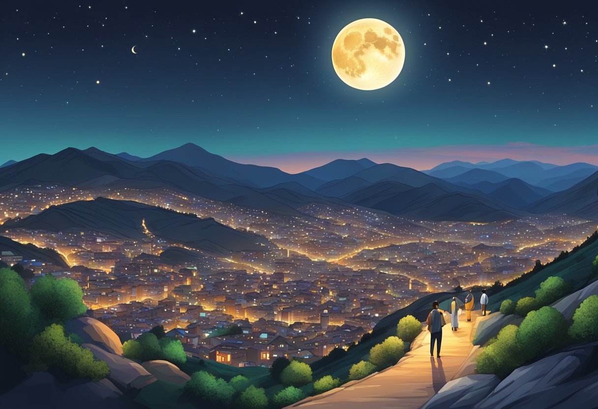 The night sky over Muzaffarabad, 2024. The moon shines brightly, illuminating the city as people prepare for Shab-e-Barat