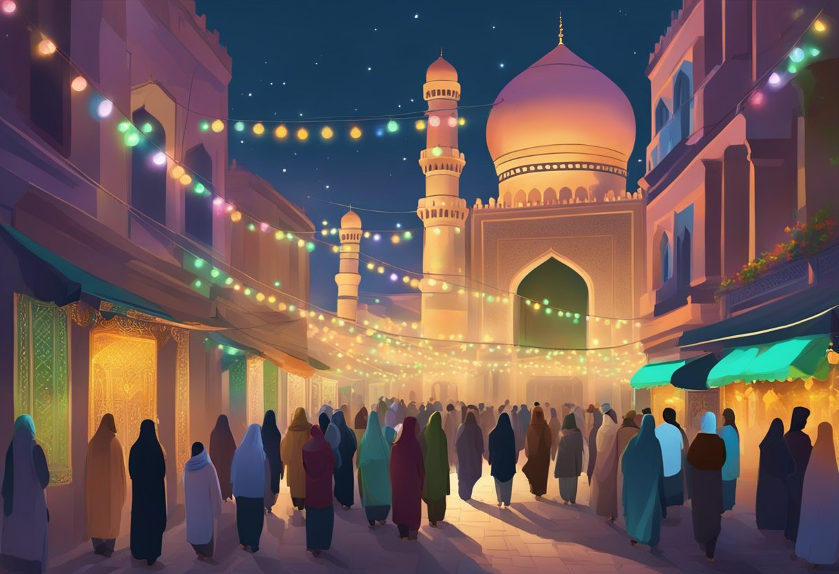 The streets of Wazirabad are illuminated with colorful lights and filled with people visiting mosques and offering prayers on Shab-e-Barat 2024