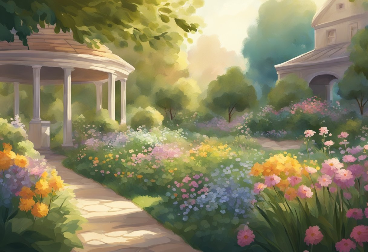 A serene garden with a variety of flowers and plants, bathed in soft sunlight. A gentle breeze moves through the scene, creating a sense of peace and tranquility