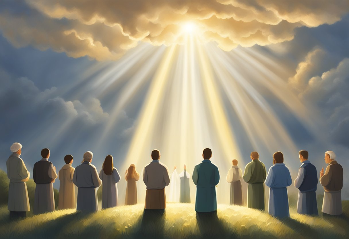 A beam of light breaks through the clouds, illuminating a group of people in prayer. The light symbolizes the power of intercessory prayer, bringing hope and healing to those in need