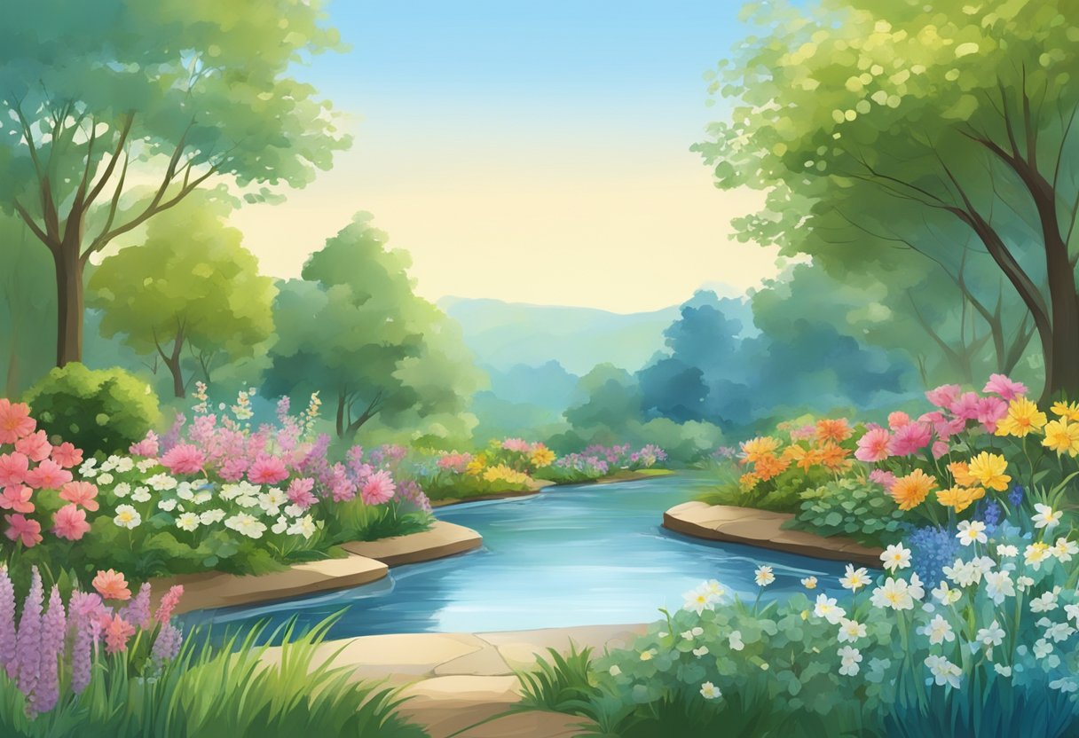 A serene garden with a variety of flowers and plants, a clear blue sky, and a gentle breeze. A small stream flows through the scene, adding a sense of tranquility and peace
