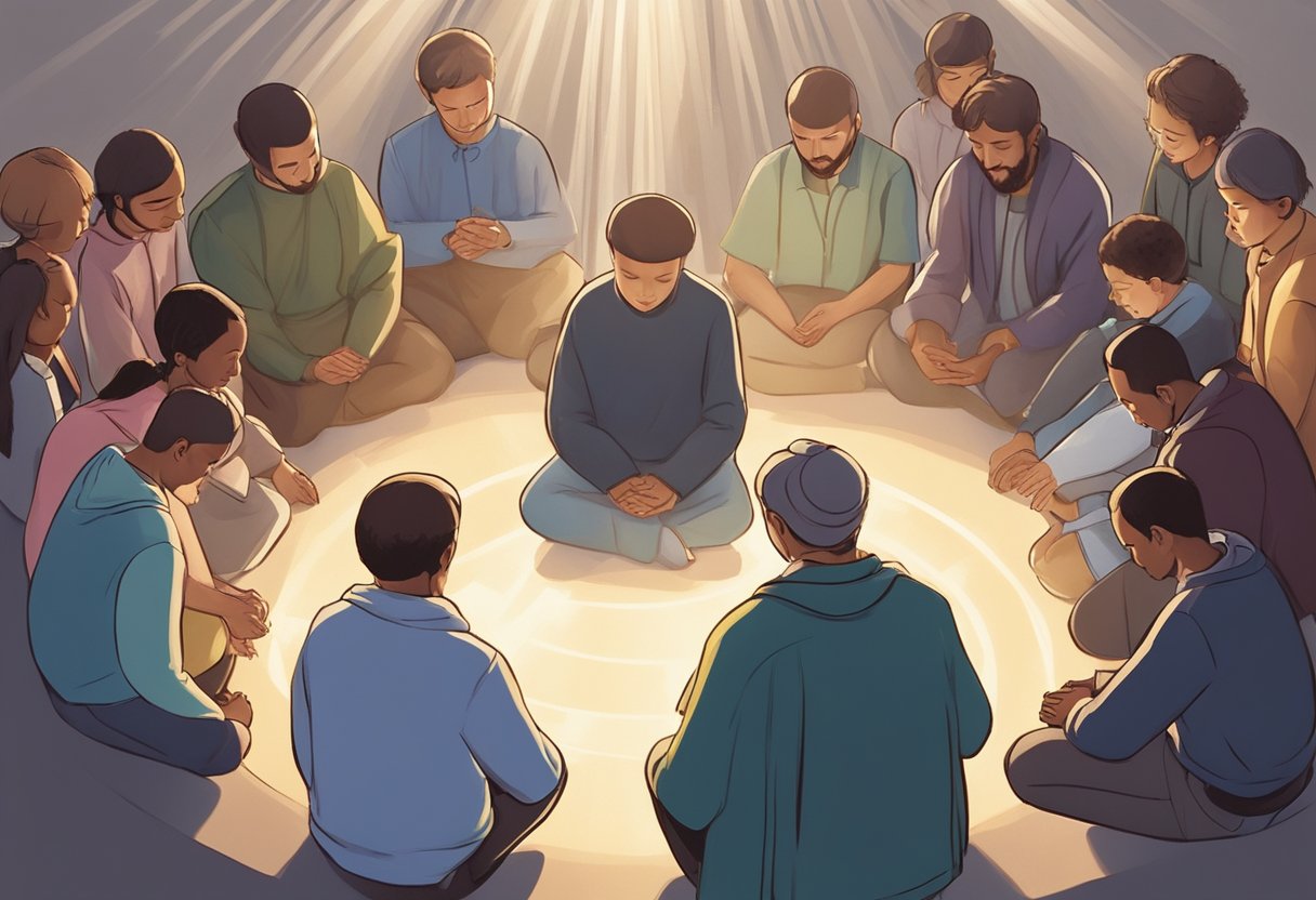 A group of people gathered in a circle, heads bowed in prayer, with rays of light shining down from above, symbolizing their intercessory prayers for family and friends