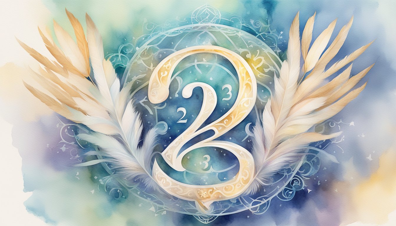A glowing number "2345" surrounded by angelic symbols and feathers