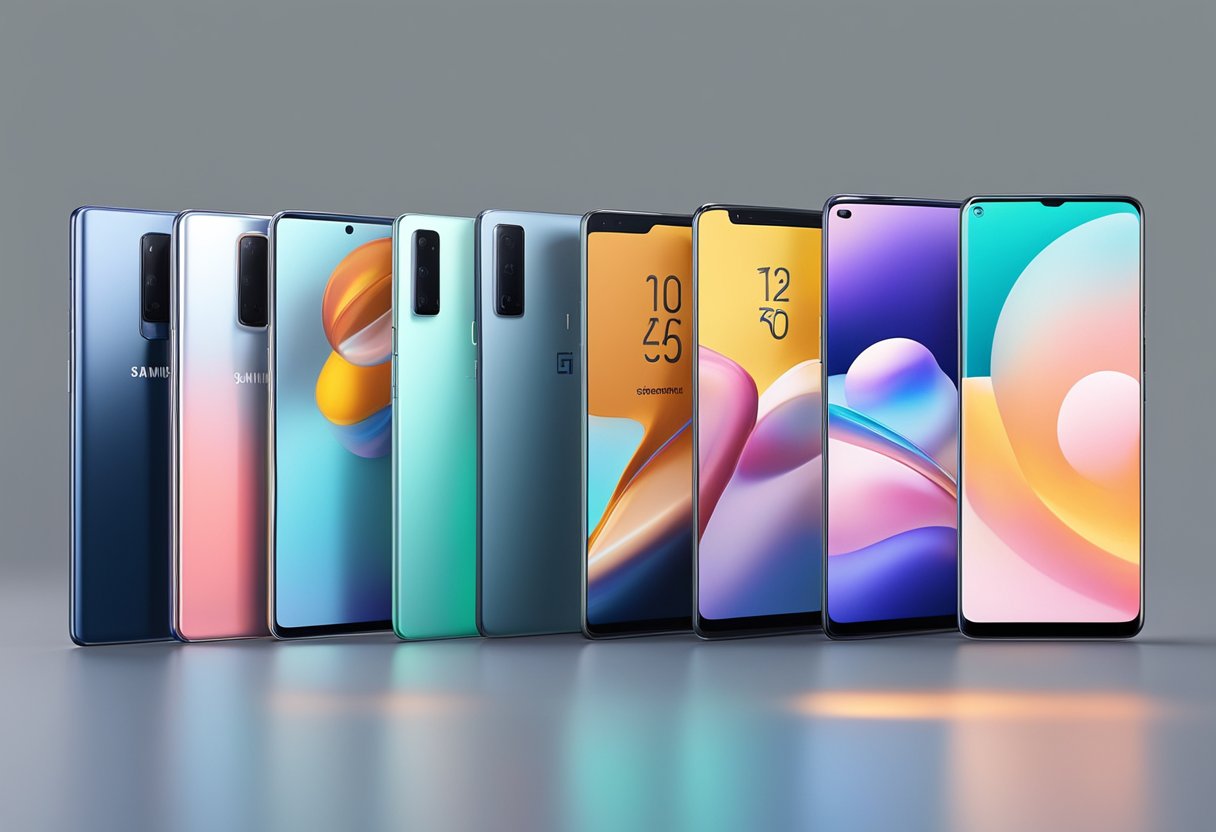 A lineup of sleek, futuristic smartphones from Samsung, Google, Apple, OnePlus, and Nothing, showcasing innovative designs and displays expected in 2024