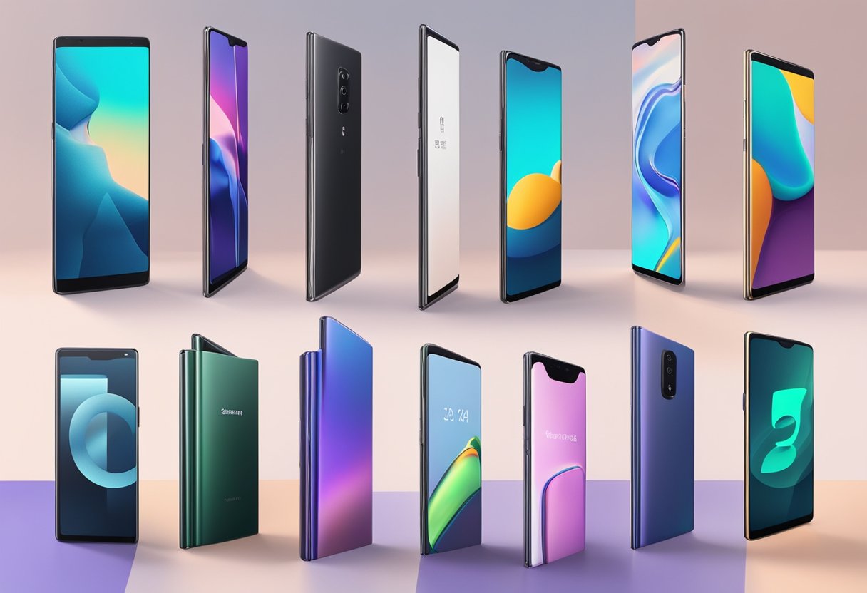 Several folding smartphones from Samsung, Google, Apple, OnePlus, and Nothing are displayed in various new formats, set to be released in 2024