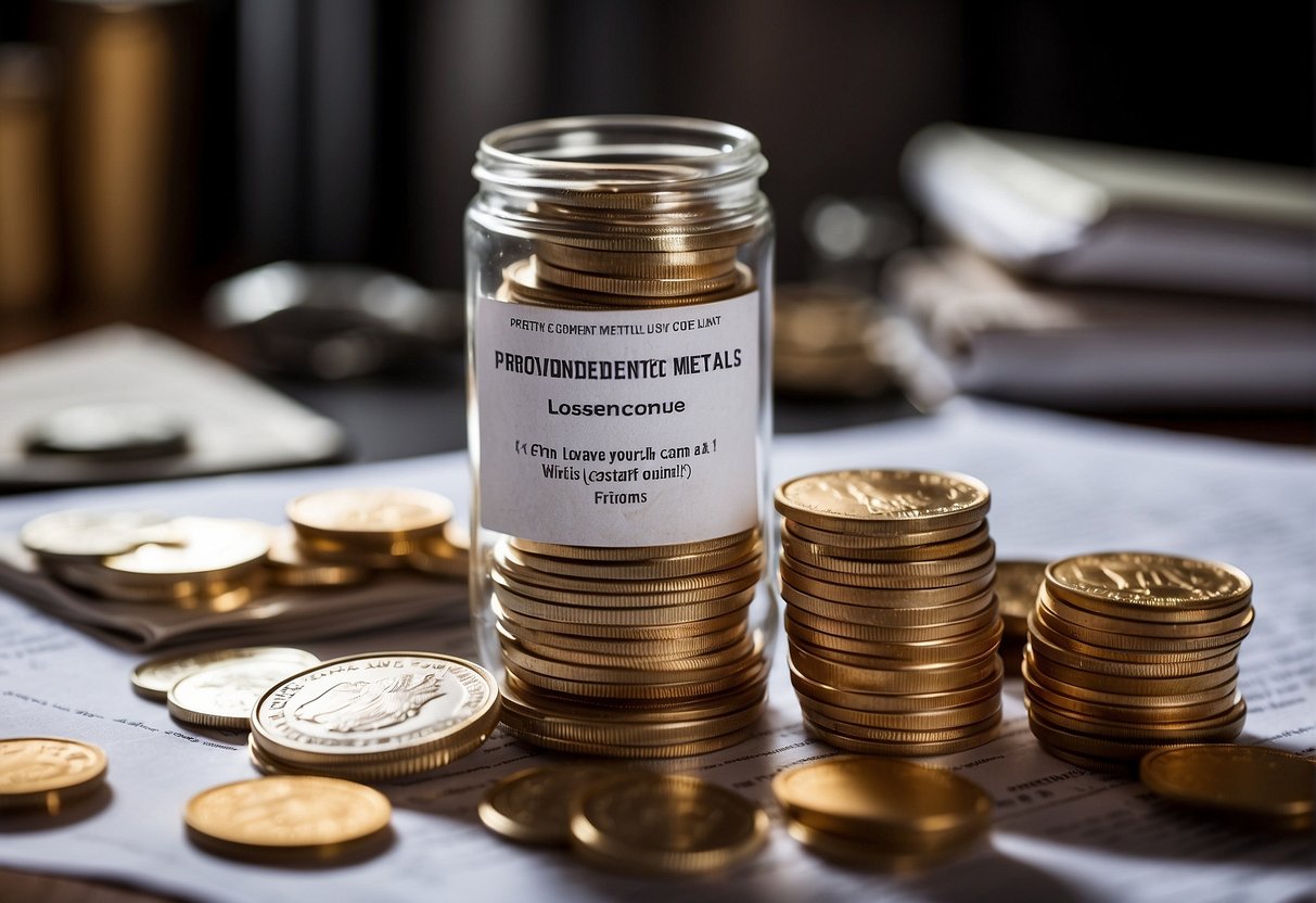 A stack of papers labeled "Provident Metals Profile" and "Review Complaints Lawsuit Scam" sits on a desk, surrounded by scattered coins and bullion