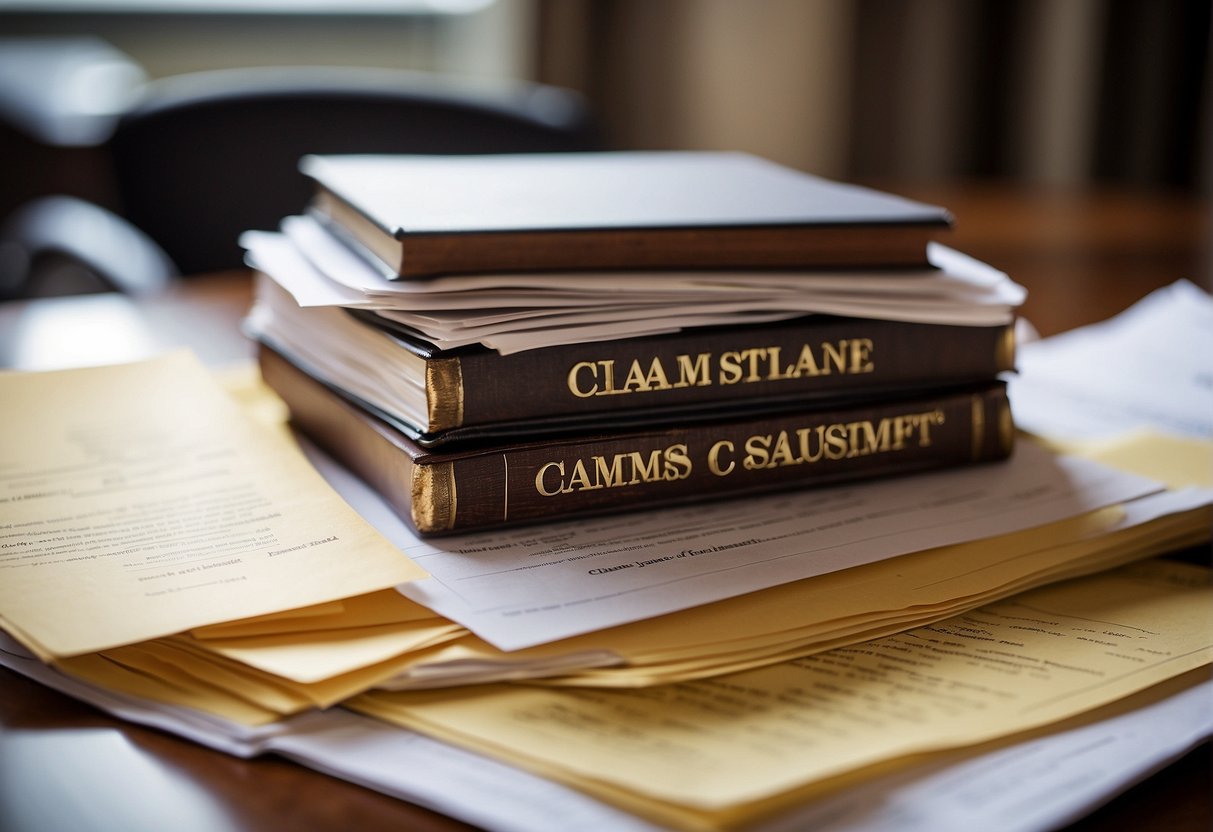 A stack of legal documents and complaint letters piling up on a desk, with the words "Claims of Scams and Lawsuits" prominently displayed
