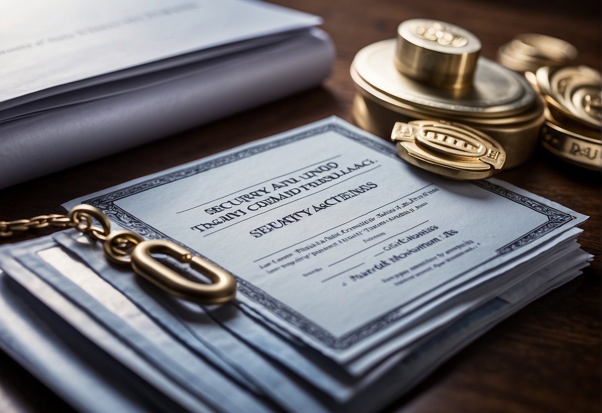 A stack of official documents and certificates labeled "Security and Trust Credentials" with "Provident Metals review complaints lawsuit Scam" written in bold letters