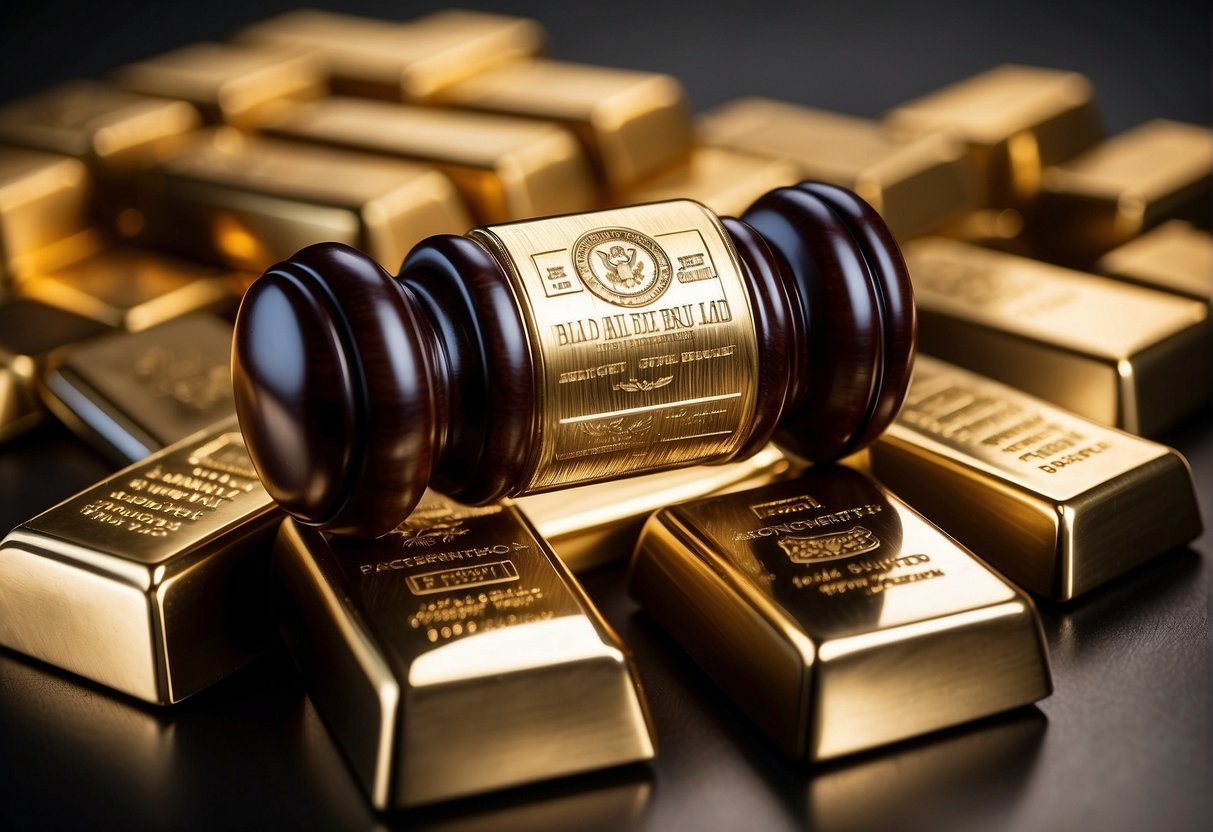 A company logo surrounded by stacks of gold and silver bars, with a gavel and legal documents in the background
