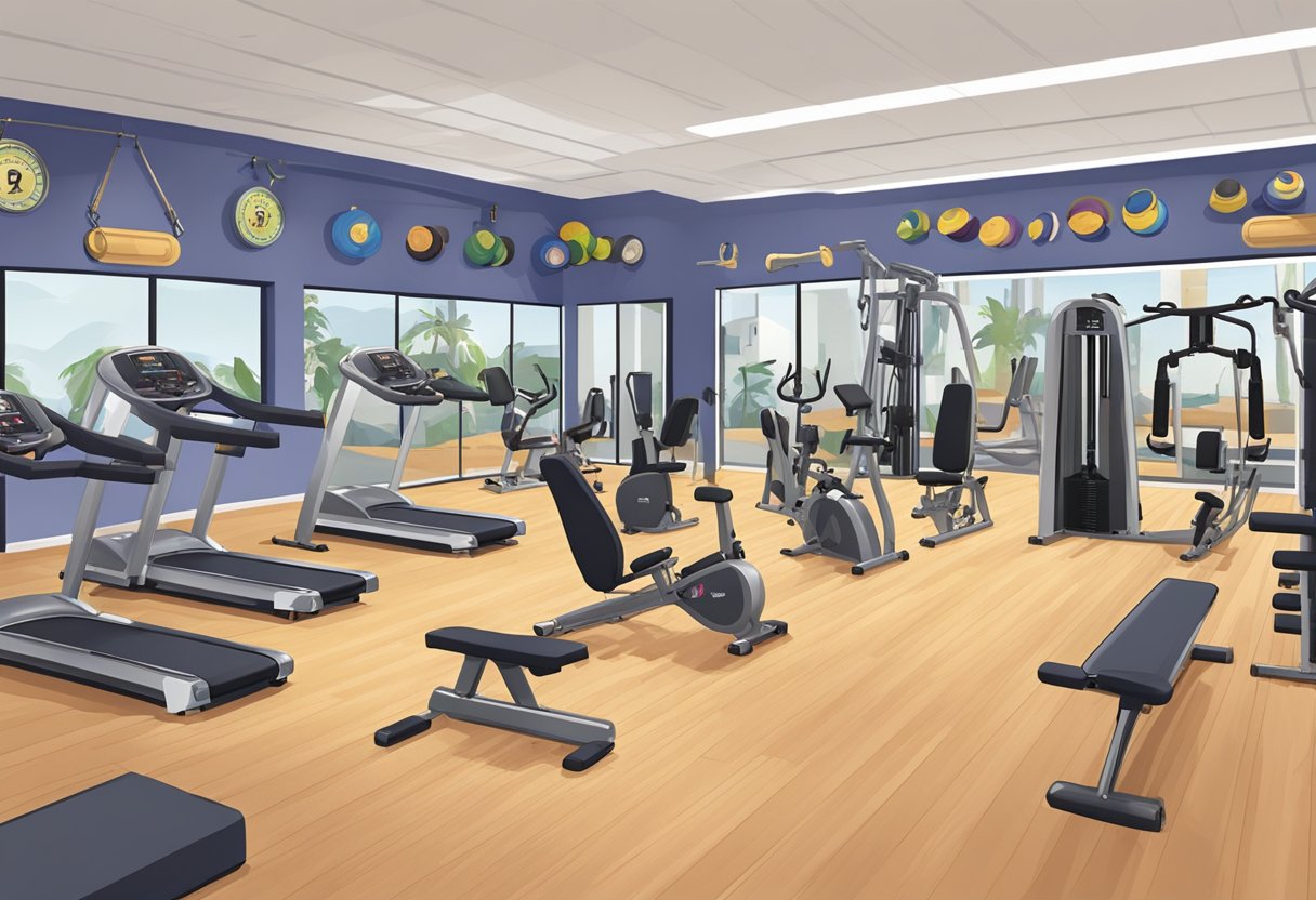 Women's gym in San Diego offers fitness programs. Equipment, weights, and exercise mats fill the spacious, well-lit room. Posters of women exercising adorn the walls