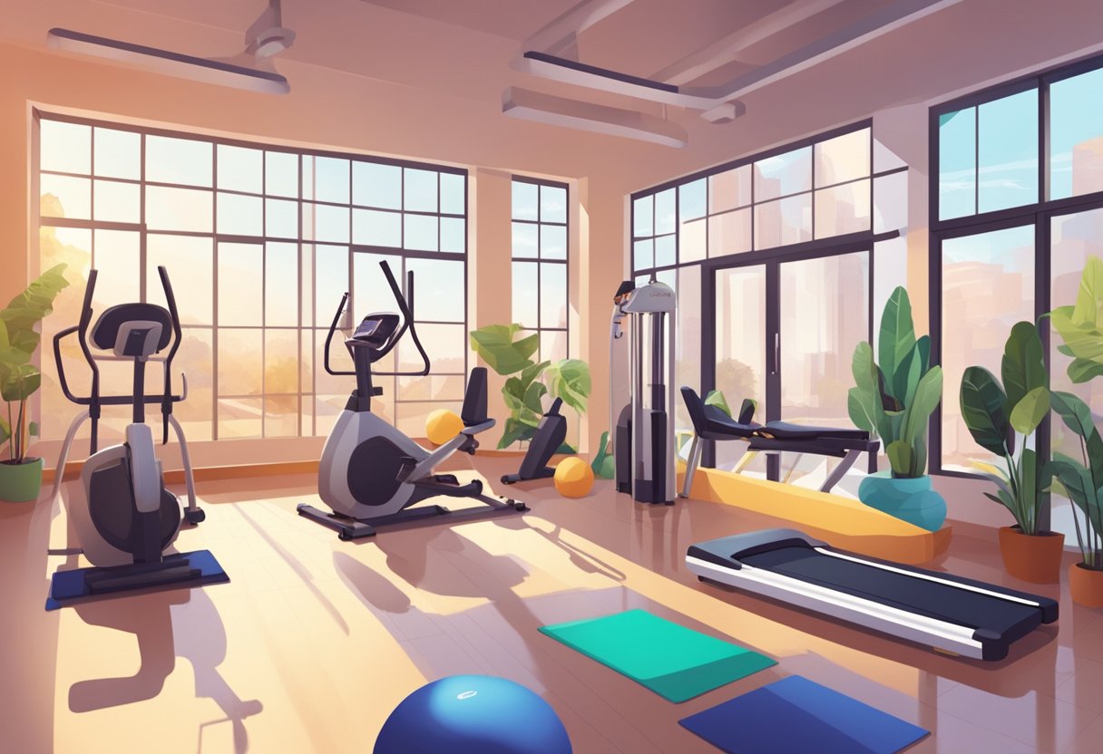 Women's gym with modern equipment, bright natural light, and vibrant decor. People exercising, stretching, and socializing in a welcoming and energetic atmosphere