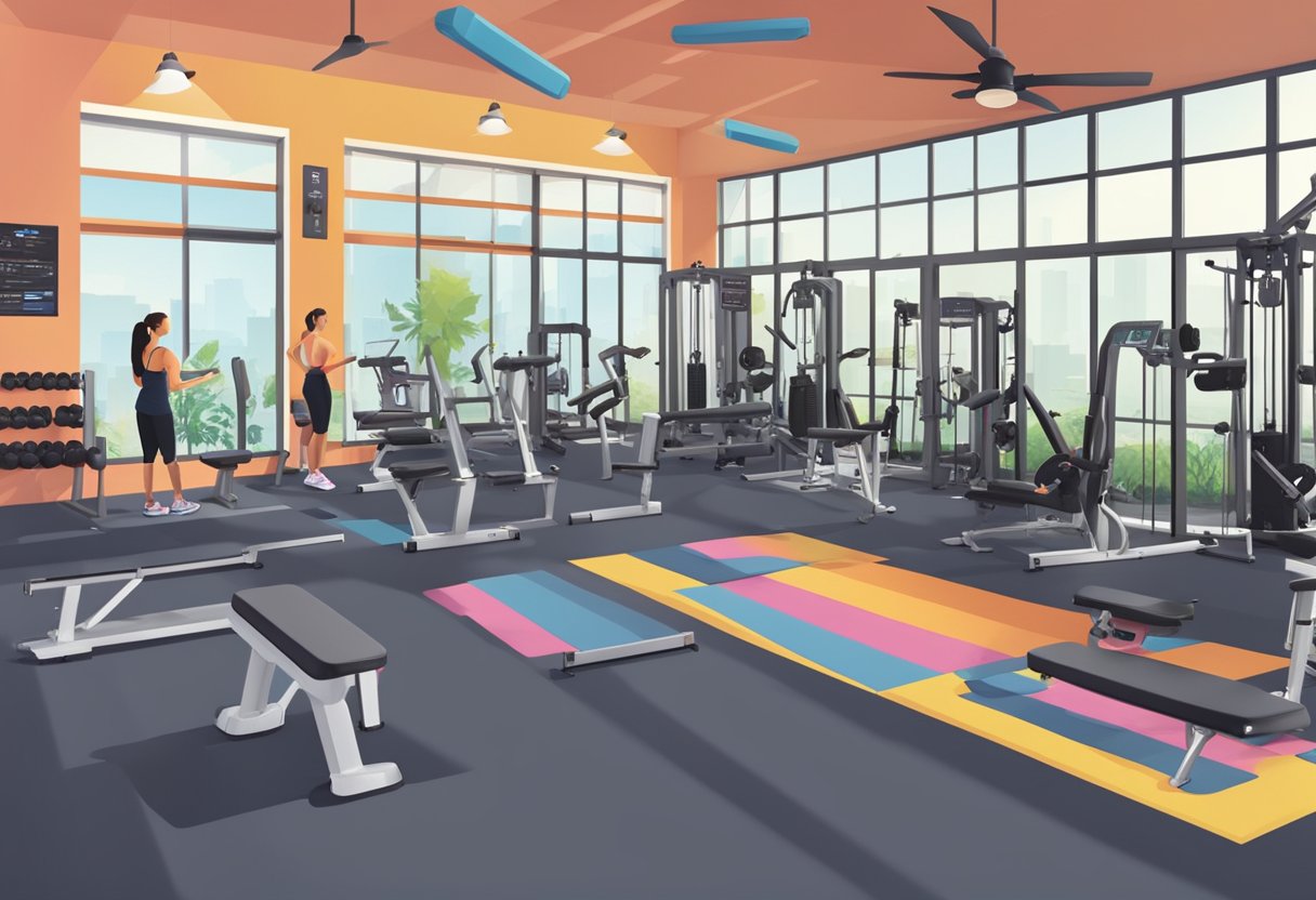 Women's gym in San Diego, vibrant with happy members. Testimonials and success stories displayed on the walls. Bright, modern equipment fills the space