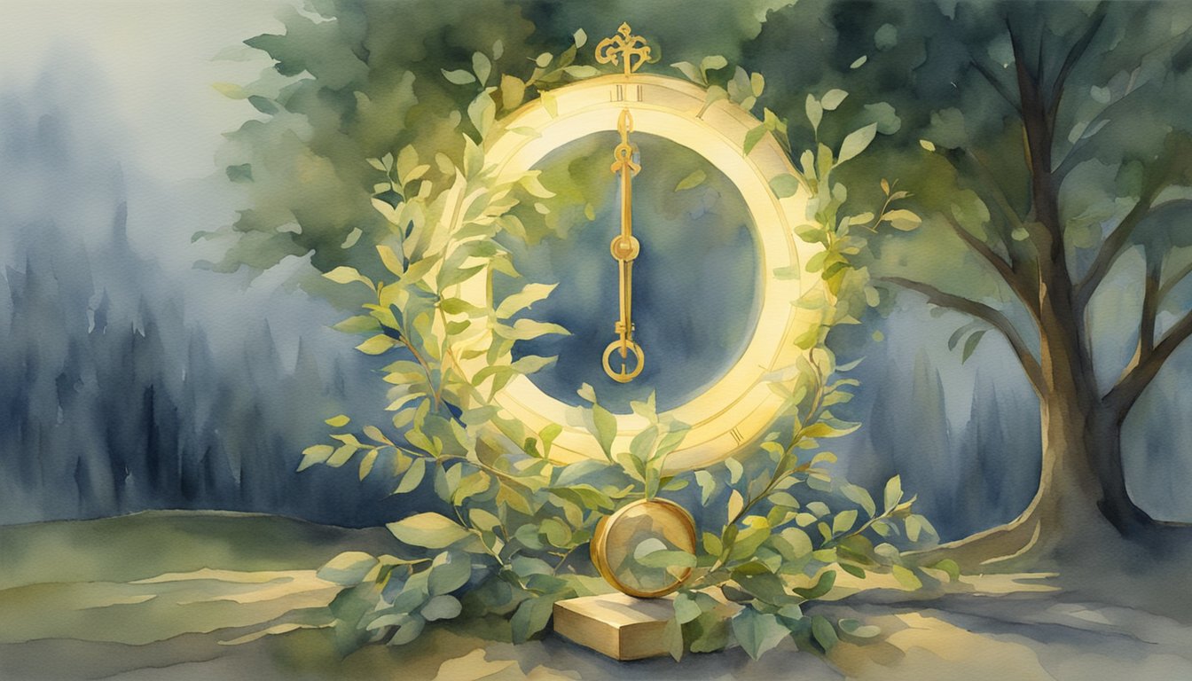 A glowing halo hovers over a pair of intertwined laurel branches, while a golden key rests at the center of a clock showing 4:02