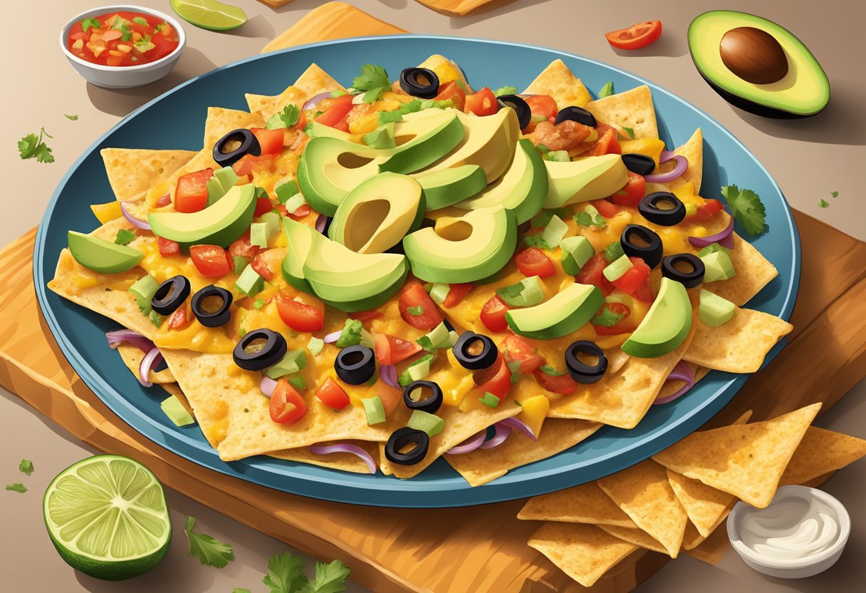 A plate of loaded nachos with grilled chicken, fresh salsa, melted cheese, and avocado slices on a bed of crispy tortilla chips