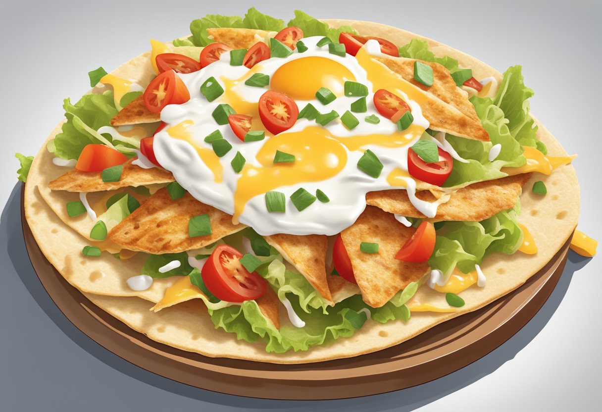 Sliced chicken, diced tomatoes, and shredded lettuce arranged on a bed of crispy tortilla chips, topped with melted cheese and a dollop of sour cream