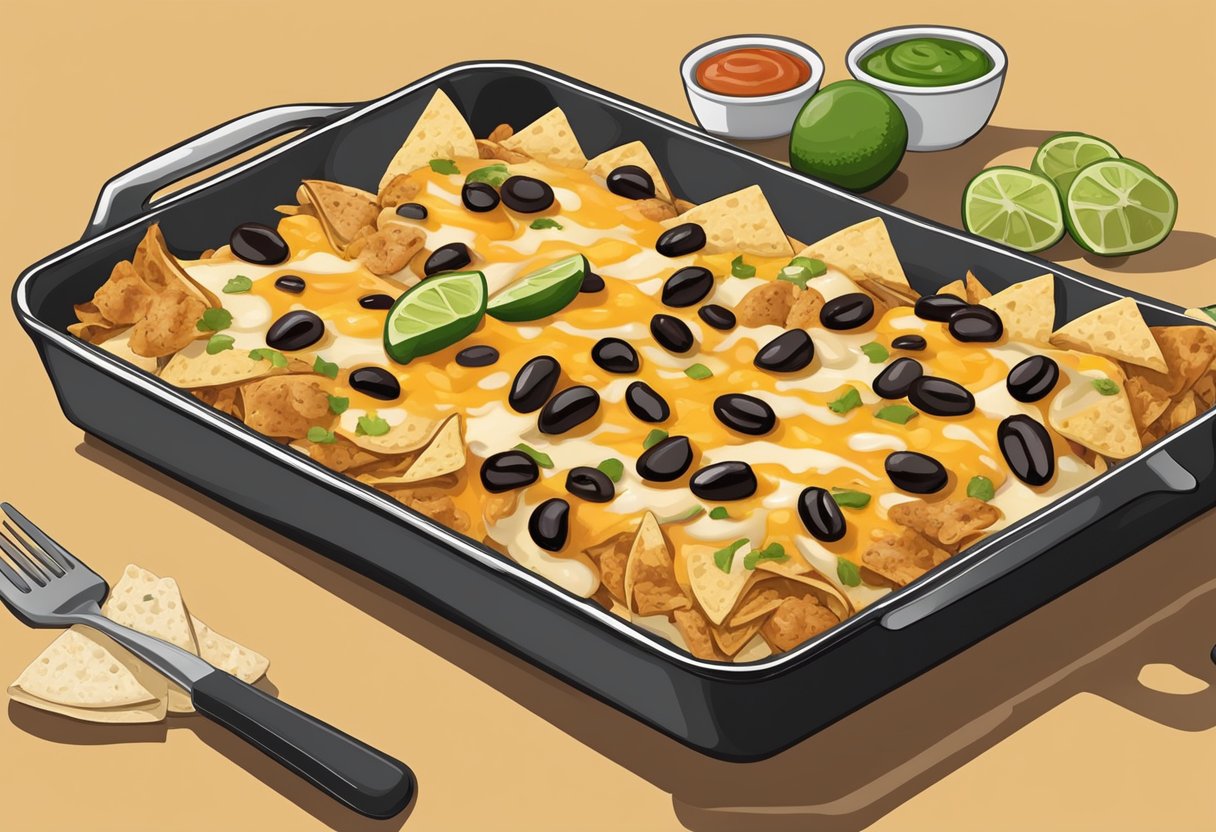 A baking sheet lined with tortilla chips, topped with grilled chicken, black beans, and melted cheese, ready to be garnished with fresh salsa and avocado