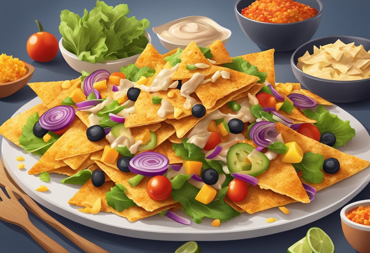 A chef sprinkles colorful vegetables and lean protein onto a bed of crispy tortilla chips, creating a vibrant and nutritious plate of healthy chicken nachos