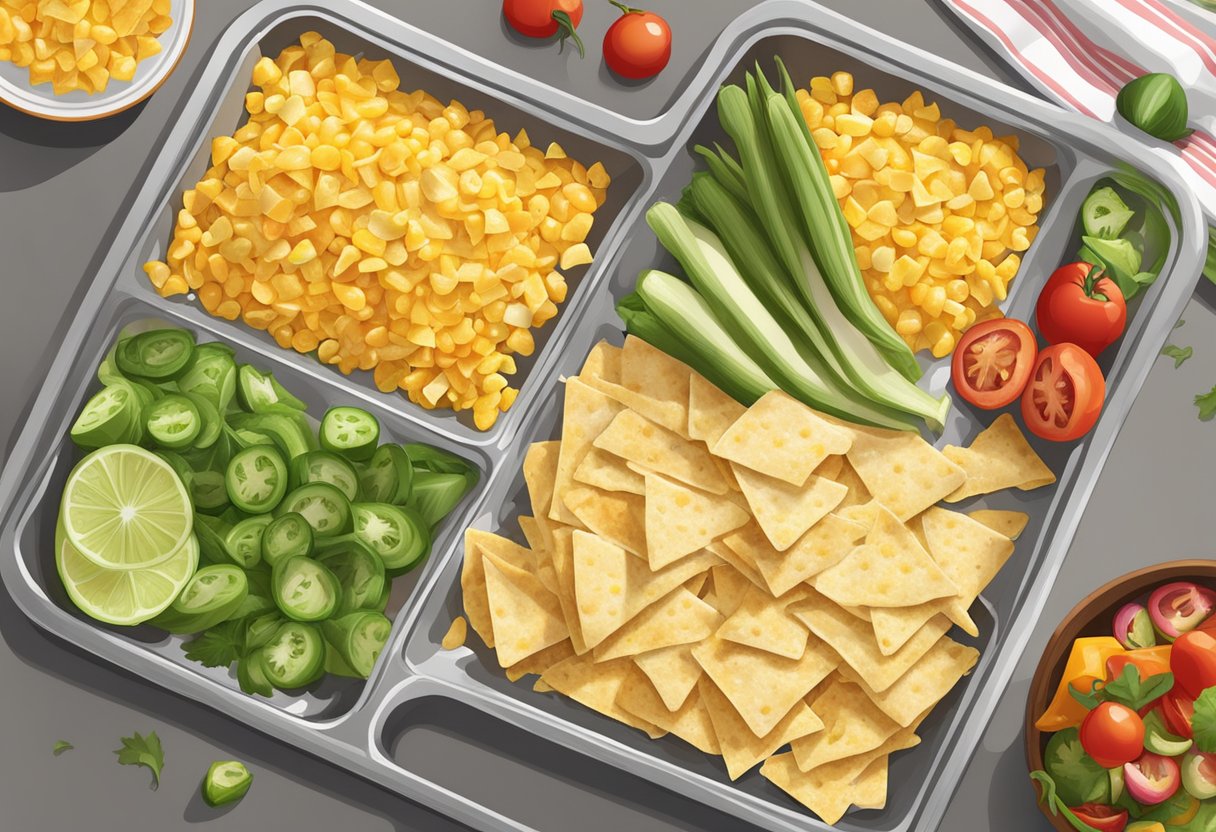 A baking sheet filled with colorful layers of corn tortilla chips, grilled chicken, melted cheese, and fresh vegetables, ready to be broiled to perfection