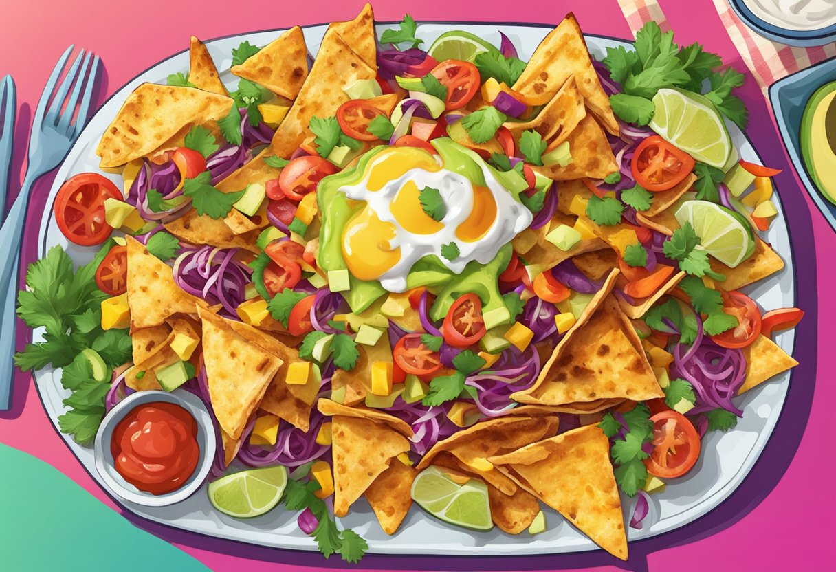 A plate of colorful nachos topped with grilled chicken, fresh vegetables, and melted cheese, surrounded by vibrant salsa and guacamole